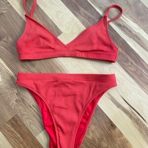 La Hearts Red Ribbed Bikini Set